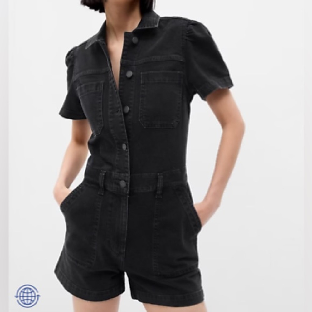 Gap washed black denim short romper, petite 0